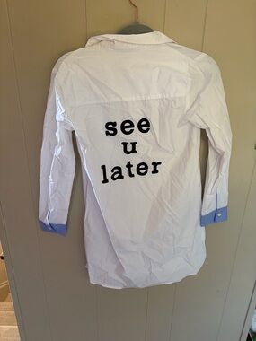 English Factory White Button-Down Shirt with Black Back Graphic and Blue Cuffs